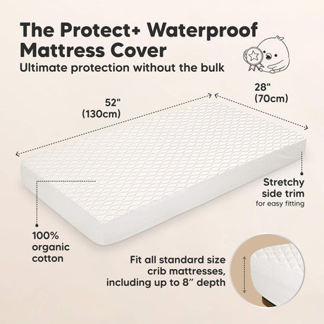 The Protect+ Waterproof Mattress Cover - Ultimate protection without the bulk
52" (130 cm) x 28" (70 cm)
100% organic cotton
Stretchy side trim for easy fitting
Fit all standard size crib mattresses, including up to 8” depth