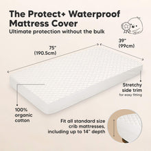 Load image into Gallery viewer, The Protect+ Waterproof Mattress Cover - Ultimate protection without the bulk. Size at 75" x 39", Fit all standard size crib mattresses including up to 14" depth. (100% organic cotton and Stretchy side trim)