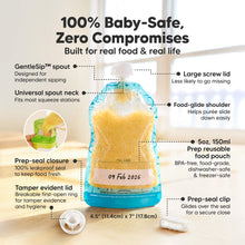 Load image into Gallery viewer, 100% Baby-Safe, Zero Compromises. Built for real food & real life. GentleSip™ spout, Universal spout neck, Prep-seal closure, Tamper evident lid, Large screw lid, Food-glide shoulder, 5oz, 150ml Prep reusable food pouch, BPA-free, food-grade, dishwasher-safe & freezer-safe, Prep-seal clip