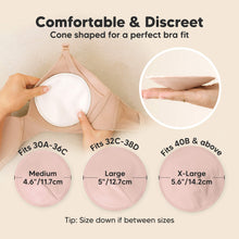 Load image into Gallery viewer, Comfortable & Discreet -Cone shaped for a perfect bra fit.
Medium: Fits 30A–36C, 4.6” / 11.7 cm
Large: Fits 32C–38D, 5” / 12.7 cm
X-Large: Fits 40B & above, 5.6” / 14.2 cm
Tip: Size down if between sizes