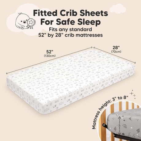 Fitted crib sheet designed for safe sleep, sized to fit standard 52 x 28 inch crib mattresses
