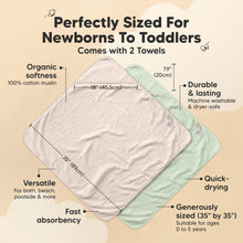 Load image into Gallery viewer, Perfectly sized hooded baby towels, set of two, 35" x 35", quick-drying, fast-absorbing, machine washable and dryer-safe for ages 0 to 5 years.