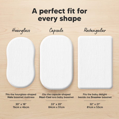A perfect fit for every shape (Hourglass - Fits the hourglass-shaped Halo bassinet mattress 30" x 18") (Capsule - Fits the capsule-shaped Maxi-Cosi iora baby bassinet 33" x 20") and (Rectangular - Fits the baby delight beside me Dreamer bassinet 32" x 21")