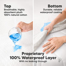 Load image into Gallery viewer, Proprietary 100% Waterproof Layer - With no leaking through (Top: Breathable, highly absorbent plush 100% natural cotton) (Bottom: Durable, reliable waterproof coating)
