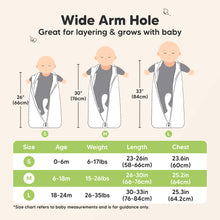 Load image into Gallery viewer, Wide Arm Hole (great for layering and grows with baby) - Small (0-6months, 6-17lbs weight, 23-26inches length, 23.6inches chest wide), Medium (6-18months, 15-26lbs weight, 26-30inches length, 25.2inches chest wide), Large (18-24months, 26-35lbs weight, 30-33inches length, 25.3inches chest wide)