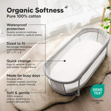 Load image into Gallery viewer, Organic Softness - Pure 100%
Waterproof protection
that quietly protects mattress from accidents, spills & stains
Sized to fit 33" x 17" x 4" can be fit on Rectangle, hourglass, oval mattresses
Quick change Easy to remove & put on with elastic SnugFit Band
Made for busy days - Durable after multiple washes, machine washable, dryer-friendly
OEKO TEX®
STANDARD 100