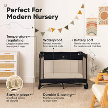 Load image into Gallery viewer, Perfect for modern nursery waterproof crib sheet made of temperature-regulating organic cotton that is buttery soft, leak-protective, snug-fit to stay in place, durable, machine-washable, and dryer-safe.