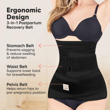 Load image into Gallery viewer, Black postpartum recovery belt with features highlighted on a beige background