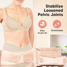 Load image into Gallery viewer, Woman wearing a beige compression garment with text about stabilizing loosened pelvic joints.