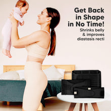 Load image into Gallery viewer, Woman holding a baby with a waist trainer and text about weight loss and belly shrinking.