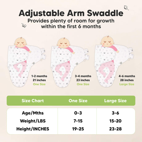 Adjustable Arm Swaddle - Provides plenty of room for growth within the first 6 months (One Size: 1-2months, 19-25inches baby height) (Large: 3-6months, 23-28 inches baby height)