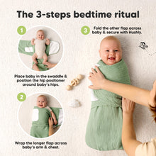 Load image into Gallery viewer, The 3-steps bedtime ritual - 1. Place baby in the swaddle & position the hip positioner around baby's hips./ 2. Wrap the longer flap across baby's arm & chest./ 3. Fold the other flap across baby & secure with Hushly.