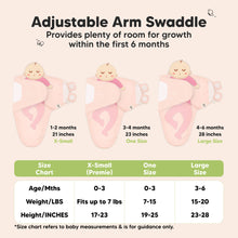 Load image into Gallery viewer, Adjustable Arm Swaddle
Provides plenty of room for growth within the first 6 months
X-Small (Premie)
Age 0-3 Months
Weight in lbs - Fits up to lbs
Height in inches - 17 to 23
One Size
Age 0-3 Months
Weight in lbs - 7 to 15
Height in inches - 19 to 25
Large
Age 3-6 Months
Weight in lbs - 15 to 20
Height in inches - 23 to 28
*Size chart refers to baby measurements & is for guidance only.
