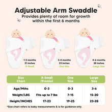 Load image into Gallery viewer, Adjustable Arm Swaddle
Provides plenty of room for growth within the first 6 months
X-Small (Premie)
Age 0-3 Months
Weight in lbs - Fits up to lbs
Height in inches - 17 to 23
One Size
Age 0-3 Months
Weight in lbs - 7 to 15
Height in inches - 19 to 25
Large
Age 3-6 Months
Weight in lbs - 15 to 20
Height in inches - 23 to 28
*Size chart refers to baby measurements & is for guidance only.