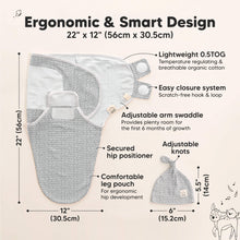 Load image into Gallery viewer, Ergonomic & Smart Design - size at 22inches long x 12inches wide and knot hat size at 5.5inches long x 6inches wide (Lightweight 0.5TOG, Easy closure system, Adjustable arm swaddle, Secured hip positioner, Adjustable
knots, and Comfortable leg pouch)