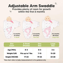 Load image into Gallery viewer, Adjustable Arm Swaddle
X-Small (Premie): 0-3 months, Fits up to 7 lbs, 17-23 inches in height. One Size: 0-3 months, Fits 7-15 lbs, 19-25 inches in height, Large Size: 3-6 months, 15-24 lbs, 23-28 inches in height
Size chart refers to baby measurements & is for guidance only.