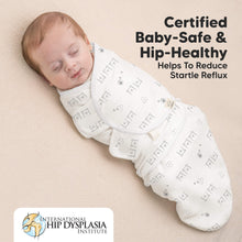 Load image into Gallery viewer, Newborn baby wrapped in a white swaddle with text about baby safety and hip health on a beige background.