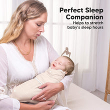 Load image into Gallery viewer, Woman holding a baby wrapped in a white swaddle with text 'Perfect Sleep Companion' above.