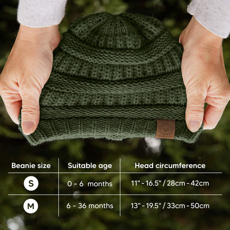 Beanie Size: (Small: Suitable age for 0-6 months. Head Circumference: 11"-16.5") and (Medium: Suitable for 6-36 months. Head Circumference: 13"-19.5")