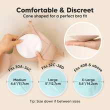 Load image into Gallery viewer, Comfortable & Discreet - Cone shaped for a perfect bra fit. Fits 30A–36C: Medium (4.6" / 11.7cm), Fits 32C–38D: Large (5" / 12.7cm), Fits 40B & above: X-Large (5.6" / 14.2cm), Tip: Size down if between sizes