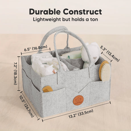 Durable Construct
Lightweight but holds a ton
Dimensions shown:
Length: 13.2" (33.5 cm)
Width: 10.5" (26.7 cm)
Height: 7.2" (18.3 cm)
Handle drop / inner section: 6.5" (16.8 cm)
Side pocket height: 5.3" (13.4 cm)