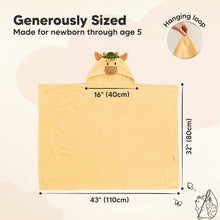 Load image into Gallery viewer, Hooded towel with measurements and hanging loop illustration on a beige background