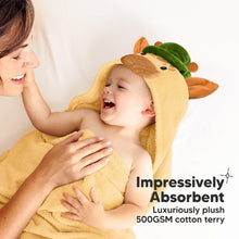 Load image into Gallery viewer, Baby wrapped in a plush towel with a deer design, held by a smiling woman.