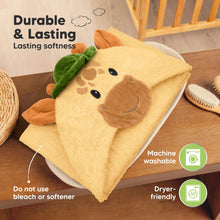 Load image into Gallery viewer, Playpals Hooded Towel on a wooden surface, featuring text about durability and care instructions.