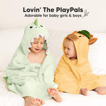 Load image into Gallery viewer, Two children wearing playpal hooded towels on a white background.