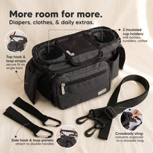 Load image into Gallery viewer, More room for more (Diapers, clothes, & daily extras) - Top hook & loop straps, Side hook & loop panels, 2 insulated cup holders, and Crossbody sling.