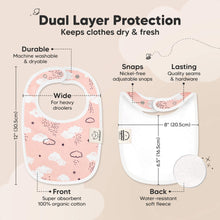 Load image into Gallery viewer, Dual Layer Protection, Keeps clothes dry & fresh. Durable, Machine washable & dryable, Wide, For heavy droolers. Front made of Super absorbent 100% organic cotton, has nickel-free adjustable snaps. Lasting
Quality seams & hardware. Back is composed of Water-resistant soft fleece. 12" (30.5cm), 8" (20.5cm),
6.5" (16.5cm)