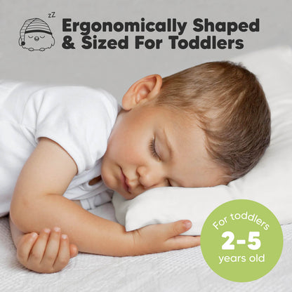 Ergonomically shaped toddler pillow designed for proper head and neck support for ages 2–5. 26077258547386