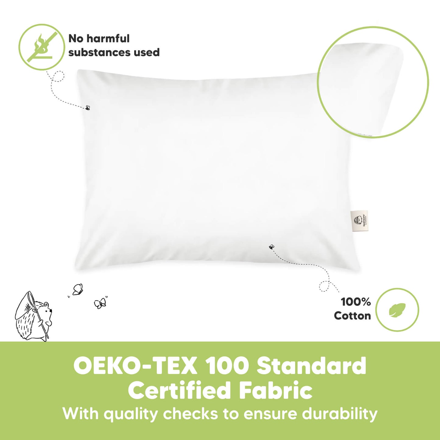 OEKO-TEX certified toddler pillow made from 100% cotton with no harmful substances. 26077258645690