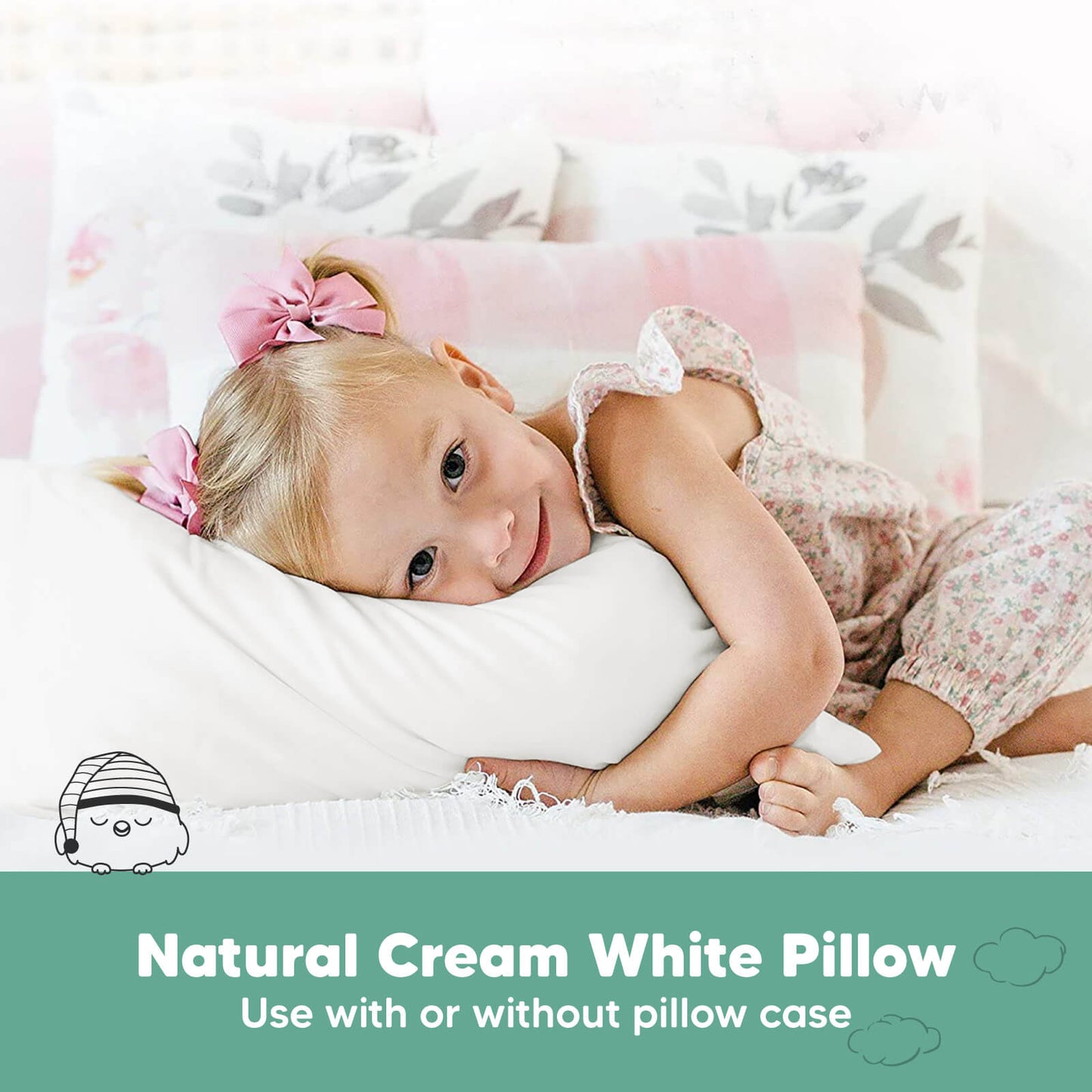 Natural cream white toddler pillow suitable for use with or without a pillowcase. 26077258678458