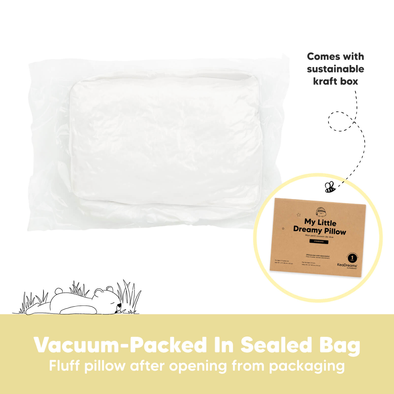 Vacuum-packed toddler pillow expands to full fluff after opening and includes kraft box. 26077258743994