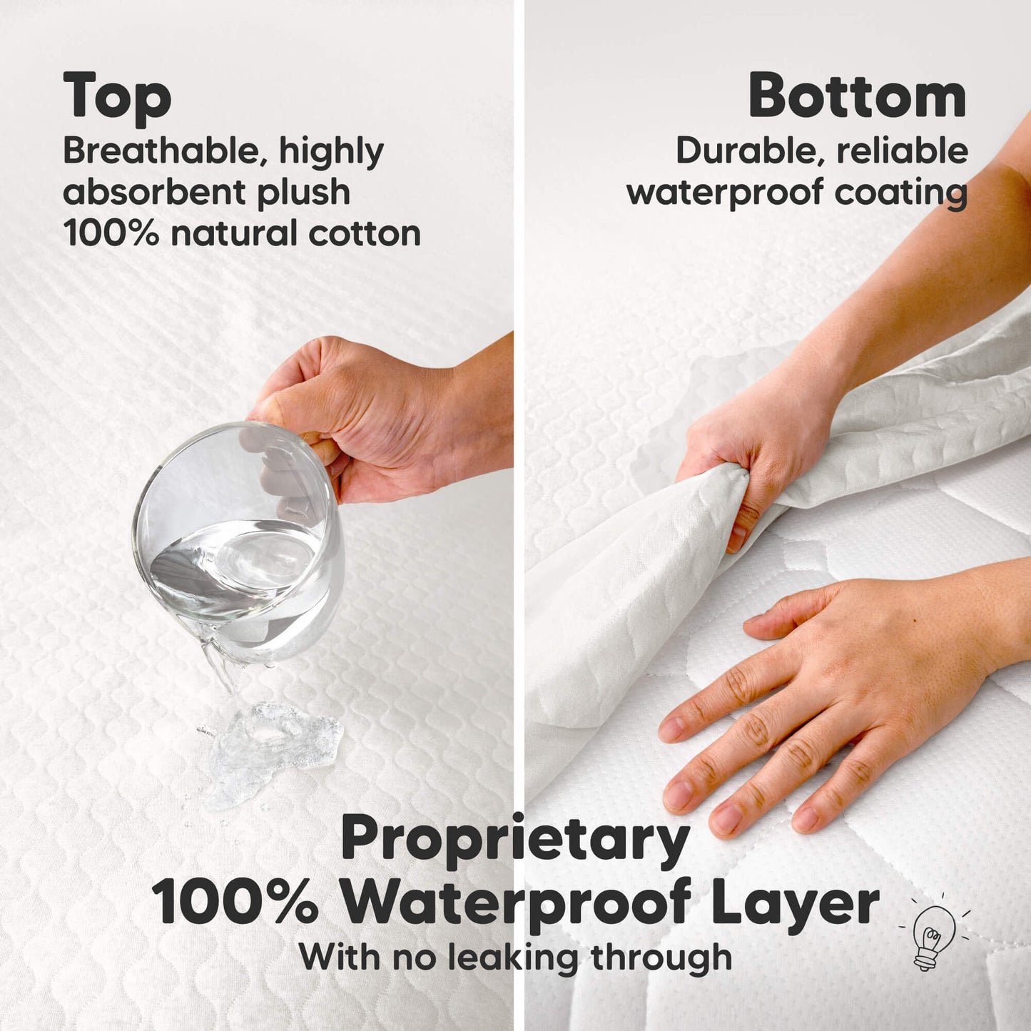 Quilted cotton top with 100% waterproof bottom layer for leak-proof crib mattress protection. 31213585006778