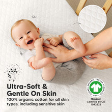 Load image into Gallery viewer, Ultra-soft organic cotton crib mattress protector gentle on sensitive baby skin.
