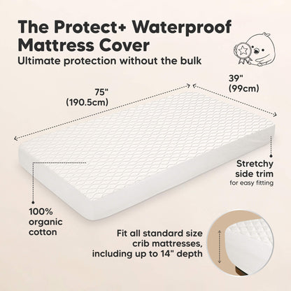 The Protect+ Waterproof Mattress Cover - Ultimate protection without the bulk. Size at 75" x 39", Fit all standard size crib mattresses including up to 14" depth. (100% organic cotton and Stretchy side trim) 32388676616378
