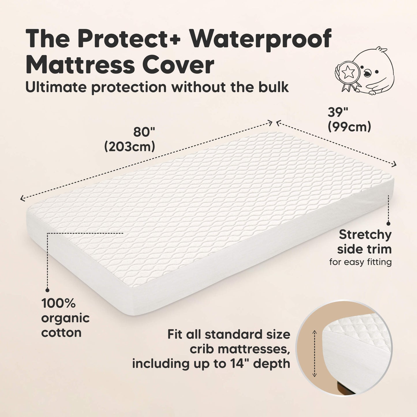 The Protect+ Waterproof Mattress Cover - Ultimate protection without the bulk. Size at 80" x 39", Fit all standard size crib mattresses including up to 14" depth. (100% organic cotton and Stretchy side trim) 32505387581626
