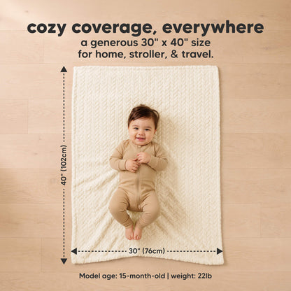 cozy coverage, everywhere - a generous 30" x 40" size for home, stroller, & travel. (Model age: 15-month-old | weight: 22lb)
 33526834757818