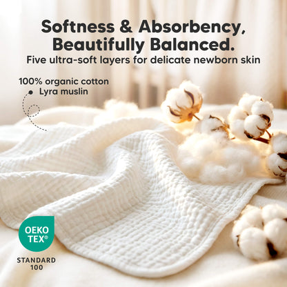 Softness & Absorbency, Beautifully Balanced - Five ultra-soft layers for delicate newborn skin (100% organic cotton) OEKO TEX STANDARD 100 31798257942714