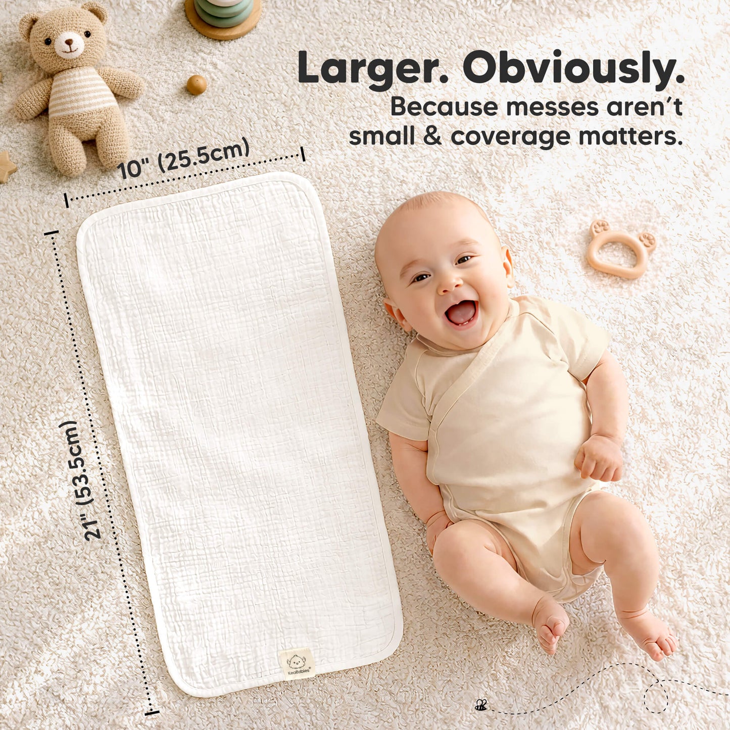 Larger. Obviously - Because messes aren't small & coverage matters (size at 21inches long and 10inches wide) 31798258303162