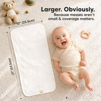 Larger. Obviously - Because messes aren't small & coverage matters (size at 21inches long and 10inches wide) 31798258303162
