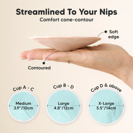 Streamlined to Your Nips Contoured nursing pads with soft edges designed to fit cups A to D plus comfortably.