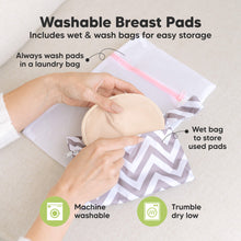 Load image into Gallery viewer, Washable Breast Pads that includes wet &amp; wash bags for easy storage, machine washable, tumble dry low. Always wash pads in a laundry bag, Wet bag to store used pads.

