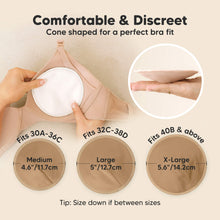Load image into Gallery viewer, Comfortable &amp; Discreet -Cone shaped for a perfect bra fit. 

Medium: Fits 30A–36C, 4.6” / 11.7 cm
Large: Fits 32C–38D, 5” / 12.7 cm
X-Large: Fits 40B &amp; above, 5.6” / 14.2 cm

Tip: Size down if between sizes
