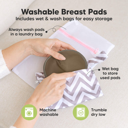 Washable Breast Pads that includes wet & wash bags for easy storage, machine washable, tumble dry low. Always wash pads in a laundry bag, Wet bag to store used pads.
 32179005128890
