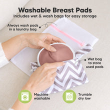 Load image into Gallery viewer, Washable Breast Pads that includes wet &amp; wash bags for easy storage, machine washable, tumble dry low. Always wash pads in a laundry bag, Wet bag to store used pads.

