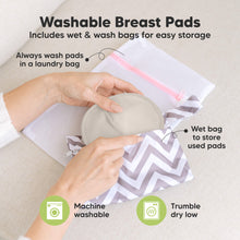 Load image into Gallery viewer, Washable Breast Pads that includes wet &amp; wash bags for easy storage, machine washable, tumble dry low. Always wash pads in a laundry bag, Wet bag to store used pads.

