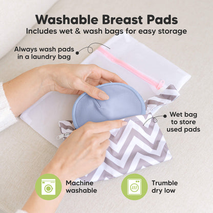 Washable Breast Pads that includes wet & wash bags for easy storage, machine washable, tumble dry low. Always wash pads in a laundry bag, Wet bag to store used pads.
 32179035930810